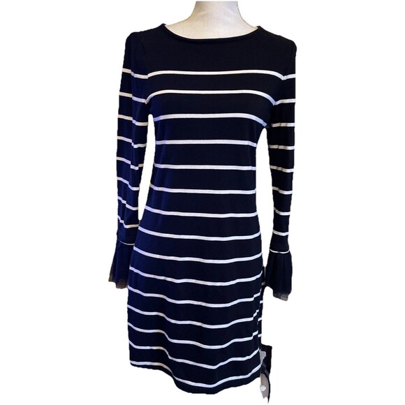 Beach Lunch Lounge Dress Striped Black White w/Net Bell Cuff Sleeves Knee Length - Picture 1 of 7